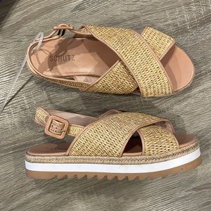 Schutz Tan Aiyana Raffia Espadrille Slingback Flatform Sandals